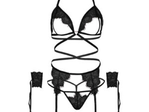 LEG AVENUE SET CUATRO PIEZAS SUJETADOR, LIGUERO, TANGA Y PUÑOS TALLA UNICA - NEGRO - Imagen 5