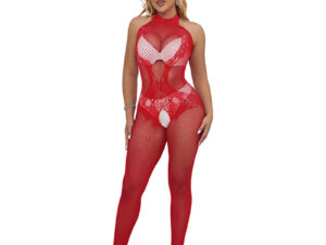 SUBBLIME - 952372 BODYSTOCKING CROTCHLESS DE REJILLA Y ENCAJE CON CUELLO ALTO ROJO TALLA ÚNICA - Imagen 1