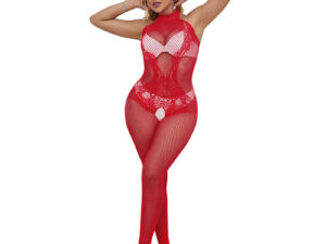 SUBBLIME - 952372 BODYSTOCKING CROTCHLESS DE REJILLA Y ENCAJE CON CUELLO ALTO ROJO TALLA ÚNICA - Imagen 3