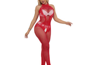 SUBBLIME - 952372 BODYSTOCKING CROTCHLESS DE REJILLA Y ENCAJE CON CUELLO ALTO ROJO TALLA ÚNICA - Imagen 2