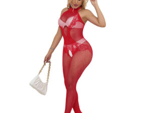 SUBBLIME - 952372 BODYSTOCKING CROTCHLESS DE REJILLA Y ENCAJE CON CUELLO ALTO ROJO TALLA ÚNICA - Imagen 4