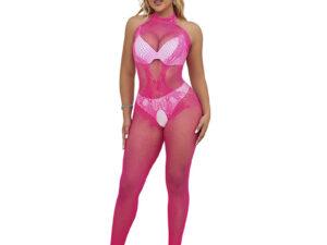 SUBBLIME - 952389 BODYSTOCKING CROTCHLESS DE REJILLA Y ENCAJE CON CUELLO ALTO ROSA TALLA ÚNICA - Imagen 1