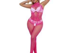 SUBBLIME - 952389 BODYSTOCKING CROTCHLESS DE REJILLA Y ENCAJE CON CUELLO ALTO ROSA TALLA ÚNICA - Imagen 4