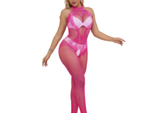 SUBBLIME - 952389 BODYSTOCKING CROTCHLESS DE REJILLA Y ENCAJE CON CUELLO ALTO ROSA TALLA ÚNICA - Imagen 5