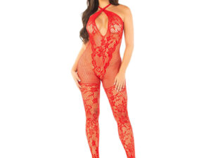 LEG AVENUE - BODYSTOCKING DE REJILLA CON ESTAMPADO DE FLORES ROJO TALLA ÚNICA - Imagen 1