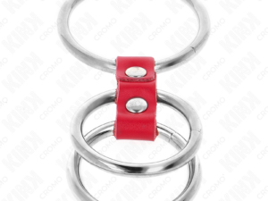 KINK - ANILLO PENE TRIPLE METAL 3.7 CM A 5 CM CONECTADOS CON CUERO ROJO - Imagen 4