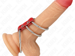 KINK - ANILLO PENE TRIPLE METAL 3.7 CM A 5 CM CONECTADOS CON CUERO ROJO - Imagen 2