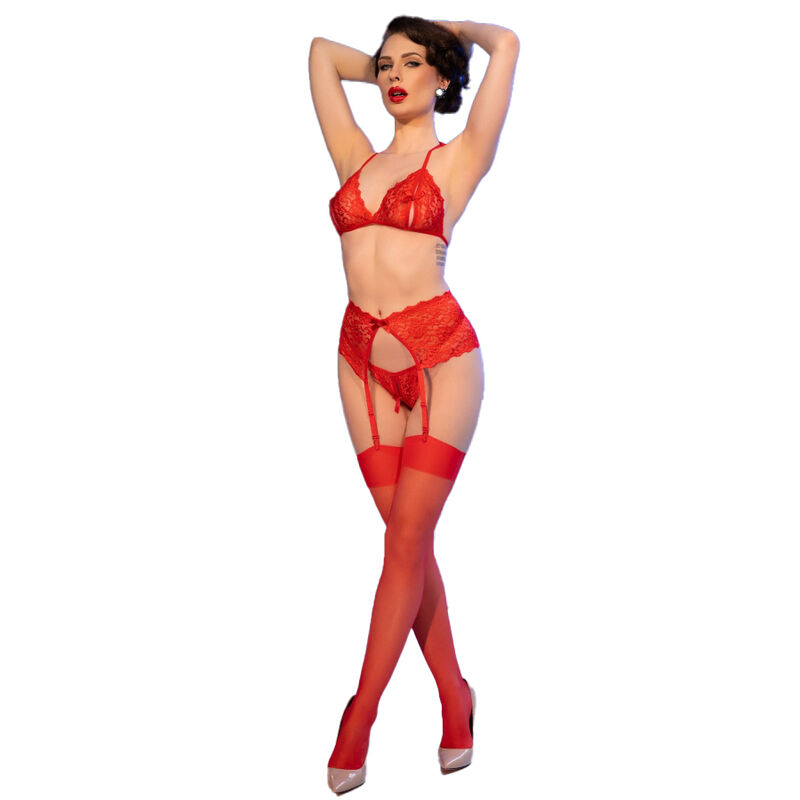 CHILIROSE - CR 4848 SET SUJETADOR + TANGA + MEDIAS DE ENCAJE ROJO S - Imagen 6