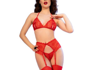 CHILIROSE - CR 4848 SET SUJETADOR + TANGA + MEDIAS DE ENCAJE ROJO S