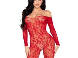LEG AVENUE - 89366 BODYSTOCKING DE LENCERÍA DE ENCAJE ROJO - TALLA ÚNICA