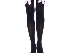 LEG AVENUE - MEDIAS ALTAS NEGRAS CON LACITO ROSA TALLA UNICA - Imagen 1